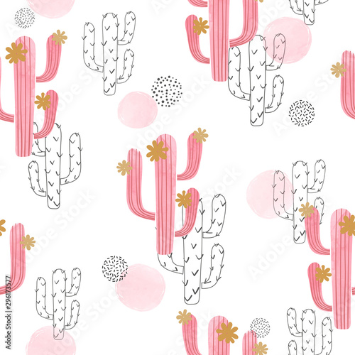Seamless watercolor cactus pattern. Vector abstract illustration with pink fl...