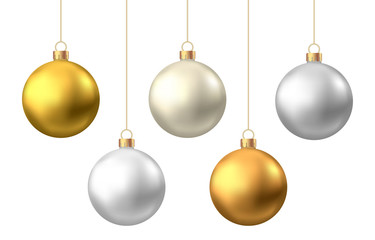 realistic gold, silver christmas balls isolated on white background.