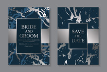 Set Of Modern Abstract Luxury Wedding Invitation Design Or Card Templates For Business Or Presentation Or Greeting With Silver Paint Splashes Or Marble Texture On A Navy Blue Background.