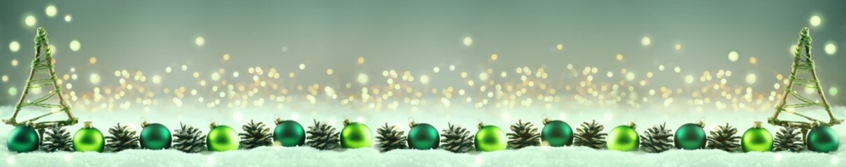 abstract christmas background - christmas decoration row in snow landscape - pine cones, baubles and