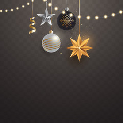 Wall Mural - Hanging Christmas toys and garlands with light bulbs isolated on transparent background. Traditional decoration for the winter holidays. Christmas ball, golden xmas star, ribbon. Vector eps 10.