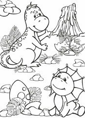 Coloring book with cute dinosaurs sitting, on the background, prehistoric nature and volcano. A cute prehistoric world for a children's book.