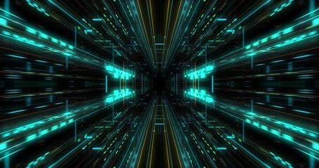 Poster - Quantum computer environment with digital technology, processing unit of an advanced Artificial intelligence. Flight through flow of digital information tunnel / cloud computing. loop / 3D render