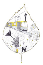 A Girl Standing At A Bus Stop With A Black Cat And An Umbrella Turned Upside Down From A Gust Of Wind, Waiting For A Tram. Frame Of Birch Leaf. Liner Hand Drawn Illustration