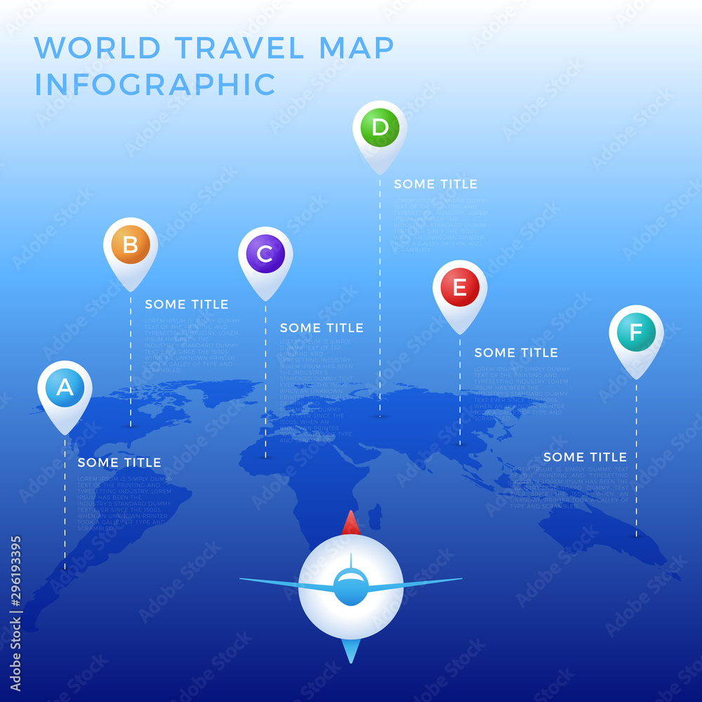 World travel map infographic template, color icons as data ...