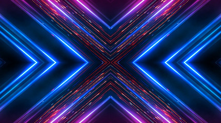 Dark abstract futuristic background. Neon lines, glow. Neon lines, shapes. Pink and blue glow. 