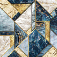 Abstract Background, Modern Marble Mosaic, Artificial Agate Granite Jasper Stone Texture, Blue White Gold Marbled Tile, Geometrical Fashion Marbling Illustration, Art Deco Wallpaper