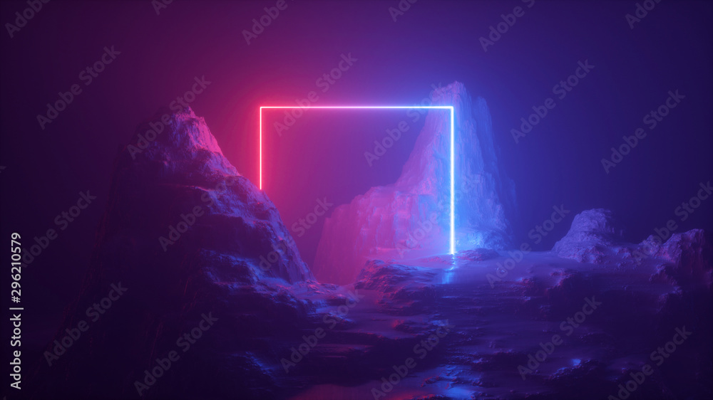 3d abstract neon background. Cosmic landscape, terrain at night, foggy rocks, ground. Square frame, red blue violet light, virtual reality, energy source, dark space, laser ring. Sacred geometry. - obrazy, fototapety, plakaty 