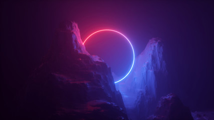 Wall Mural - 3d abstract neon background. cosmic landscape, terrain at night, foggy rocks, ground. round blank fr