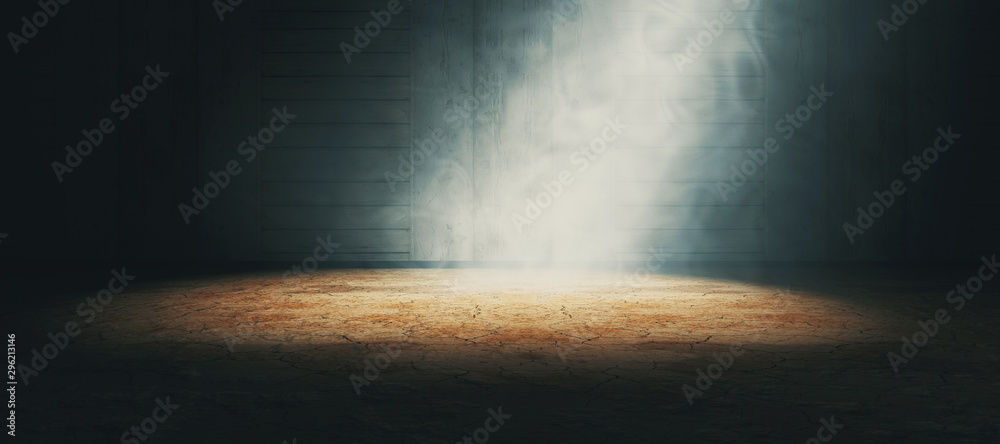 Empty dark room and fog.3d illustration.Interior floor and wall background illuminated by spotlight - obrazy, fototapety, plakaty 