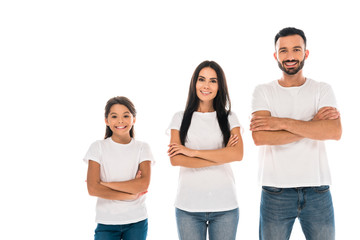 happy parents and kid standing with crossed arms isolated on white