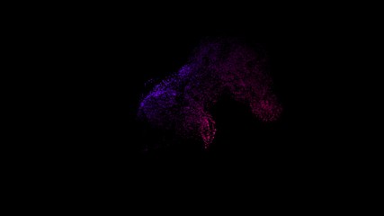 Poster - Abstract animation of rotating sphere decaying into multicolored moving particles on black background. Animation. Technology and science backdrop.