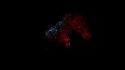 Poster - Abstract animation of rotating sphere decaying into multicolored moving particles on black background. Animation. Technology and science backdrop.