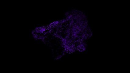 Poster - Abstract animation of rotating sphere decaying into multicolored moving particles on black background. Animation. Technology and science backdrop.
