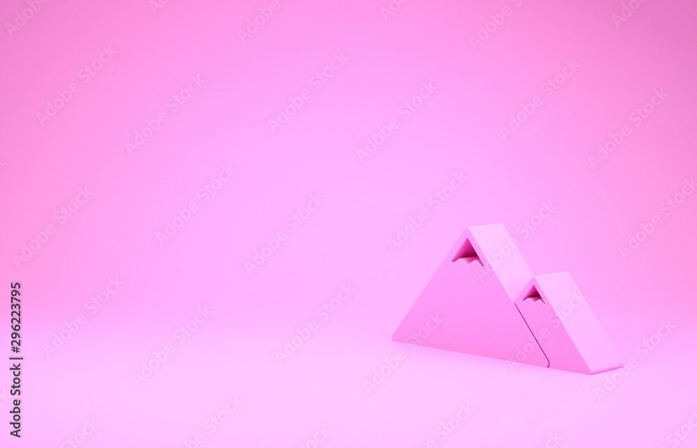 Pink Mountains icon isolated on pink background. Symbol of victory or success concept. Minimalism concept. 3d illustration 3D render - obrazy, fototapety, plakaty 