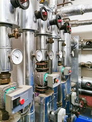 close up of a central heating system in the basement 