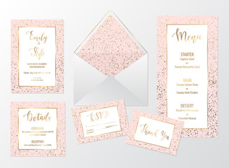 Wedding invite pink design set with gold glitter texture including invitation, menu, envelope, RSVP, thank you and details card. 