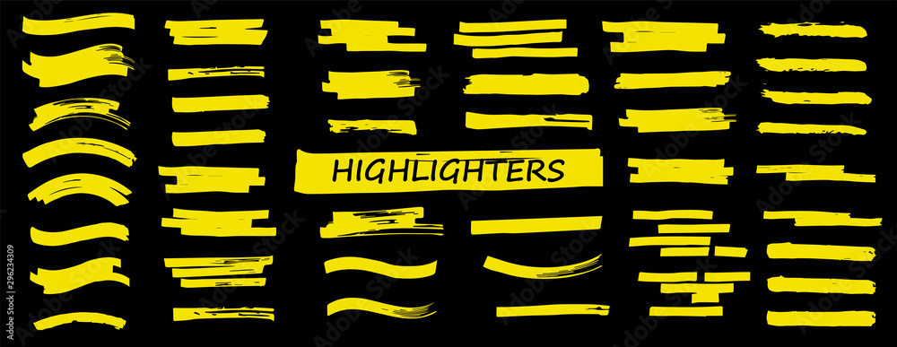 Highlighters set. Vector Brush lines. Marker color stroke. Yellow watercolor hand drawn highlight set. Brush pen hand drawn underline. Vector graphic stylish element. Marker lines collection - obrazy, fototapety, plakaty 