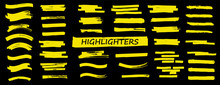 Highlighters Set. Vector Brush Lines. Marker Color Stroke. Yellow Watercolor Hand Drawn Highlight Set. Brush Pen Hand Drawn Underline. Vector Graphic Stylish Element. Marker Lines Collection