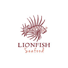 Lionfish Pteoris, Coral Lion Fish Ocean Creature Sketch Drawing Logo Design For Tropical Seafood Restaurant Bar