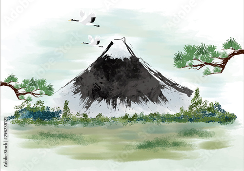 年賀状 富士山 富士 松 墨絵 水墨 風景 年賀状 和風 和柄 和 手描き 山 Stock Vector Adobe Stock