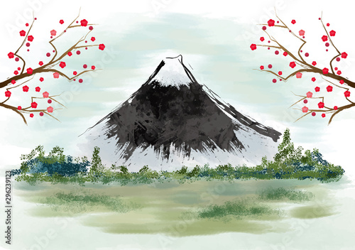 年賀状 富士山 富士 松 墨絵 水墨 風景 年賀状 和風 和柄 和 手描き 山 Stock Vector Adobe Stock