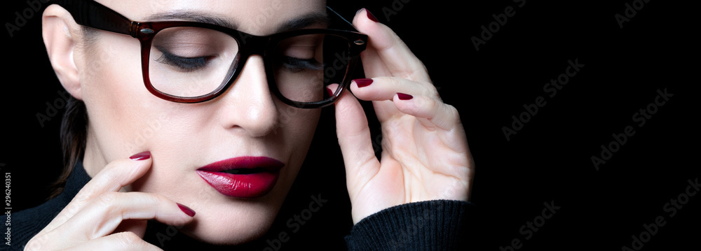 Beautiful young woman wearing glasses. vision correction, optometry and fashion eyewear concept - obrazy, fototapety, plakaty 