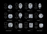 Fototapeta Pomosty - A set of twelve sparkling water diamonds with out line shape of various shapes and designs with their name, Background top view Stock Illustration-3D rendering