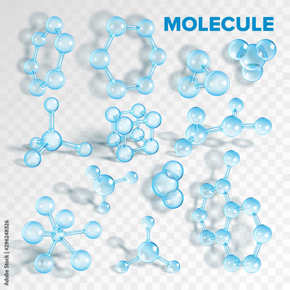 Glass Molecule Pharmaceutical Model Set Vector. Collection Of Transparent Biochemistry, Chemical And Medical Molecule. Atomic Combination Geometry Template Realistic 3d Illustrations - obrazy, fototapety, plakaty 