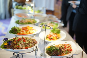 Food buffet,people group catering buffet food indoor, with food and beverage,Eat together.