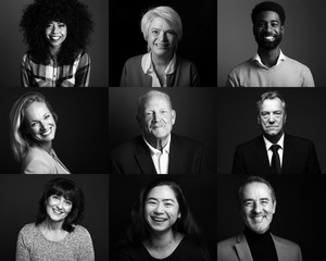 Poster - Collection of 9 happy people faces - black and white edition