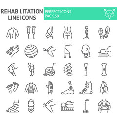 Poster - Rehabilitation line icon set, therapy symbols collection, vector sketches, logo illustrations, physiotherapy signs linear pictograms package isolated on white background.