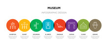 8 Colorful Museum Outline Icons Set Such As Ceramic, Closed, Curtain, Dinosaur, El Greco, Excursion, Exhibit, Exhibition