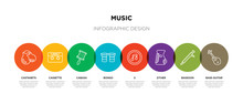 8 Colorful Music Outline Icons Set Such As Bass Guitar, Bassoon, Zither, S, Bongo, Cabasa, Cassette, Castanets