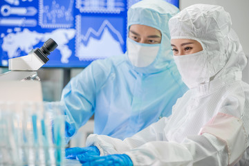 Poster - asian scientist with cleanroom suit