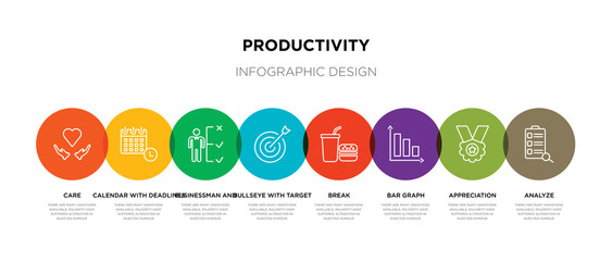 Wall Mural - 8 colorful productivity outline icons set such as analyze, appreciation, bar graph, break, bullseye with target, businessman and tactics, calendar with deadlines, care