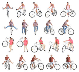 Canvas Print - Collage of young men with bicycles on white background