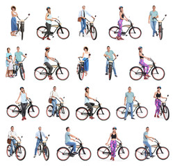 Sticker - Collage of people with bicycles on white background