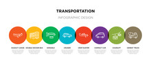 8 Colorful Transportation Outline Icons Set Such As Cement Truck, Chairlift, Compact Car, Crop Duster, Cruiser, Dirigible, Double Decker Bus, Dugout Canoe