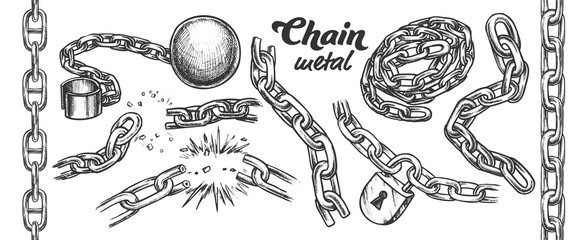 Wall Mural - iron chain monochrome set vector. assortment of heavy metallic chain. steel tool with ball and padlo