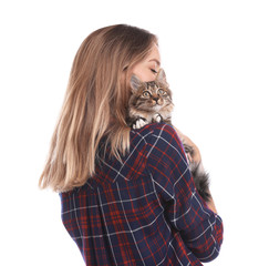 Wall Mural - Young woman with cat on white background. Owner and pet