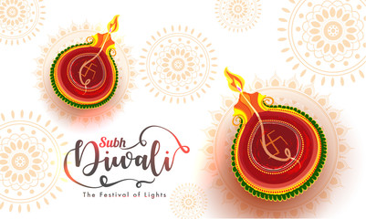 Poster - Calligraphy of Subh Diwali with top view illuminated oil lamps (Diya) on white mandala pattern background for Festival Of Lights celebration greeting card design.