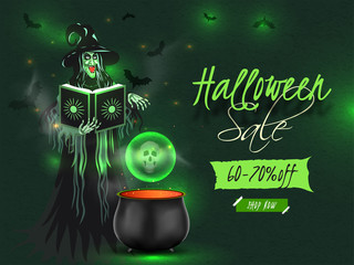 Sticker - Halloween Sale banner or poster design with 60-70% discount offer and witch reading a magic potion book with cauldron on green lighting effect background.