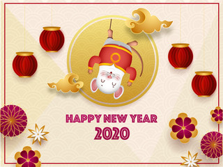 Sticker - 2020 celebration greeting card design with cartoon rat hanging, paper cut lanterns and flowers on seamless circle wave background for Happy Chinese New Year.