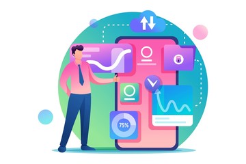 Aufkleber - Young entrepreneur works with data on the smartphone screen. View data for analysis. Flat 2D character. Concept for web design