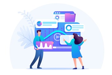 Aufkleber - Young entrepreneurs insist data for digital marketing, advertising on the Internet. Flat 2D character. Concept for web design