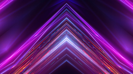  Dark abstract futuristic background. Neon lines glow. Neon lines, geometric shapes. Pink and blue glow. Abstract neon light, night view.