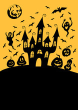Halloween Poster, Greeting Card Template: Spooky Haunted House On The Hill, Bats, Pumpkin Jack Lanterns, Moon.