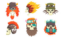 Skull Heads With Beards Wearing Retro Helmets Set, Biker Skull Bones Vector Illustration