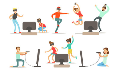 Sticker - People Playing Video Games and Dancing Wearing Vr Glasses, Shooting with Virtual Gun, Men, Women and Kids Relaxing at Home Vector Illustration